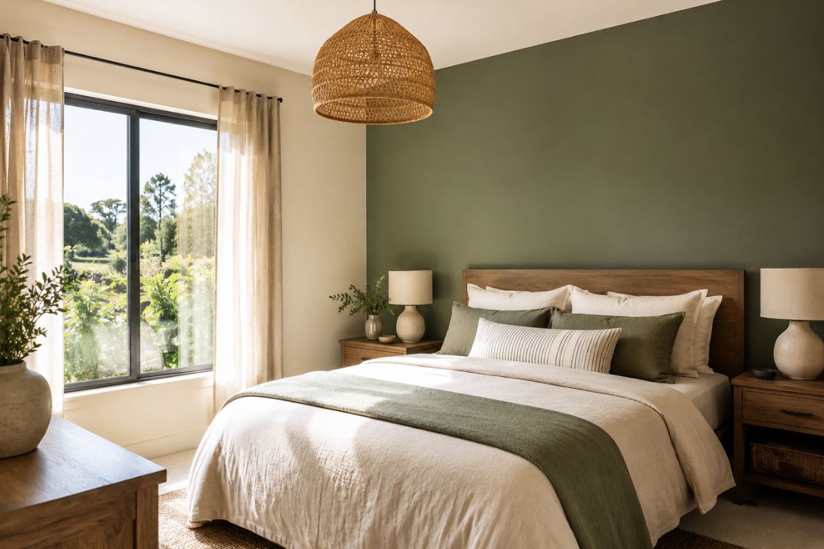 Bedroom with deep sage green accent wall behind the bed headboard, warm white walls on three sides, and warm timber bedside tables