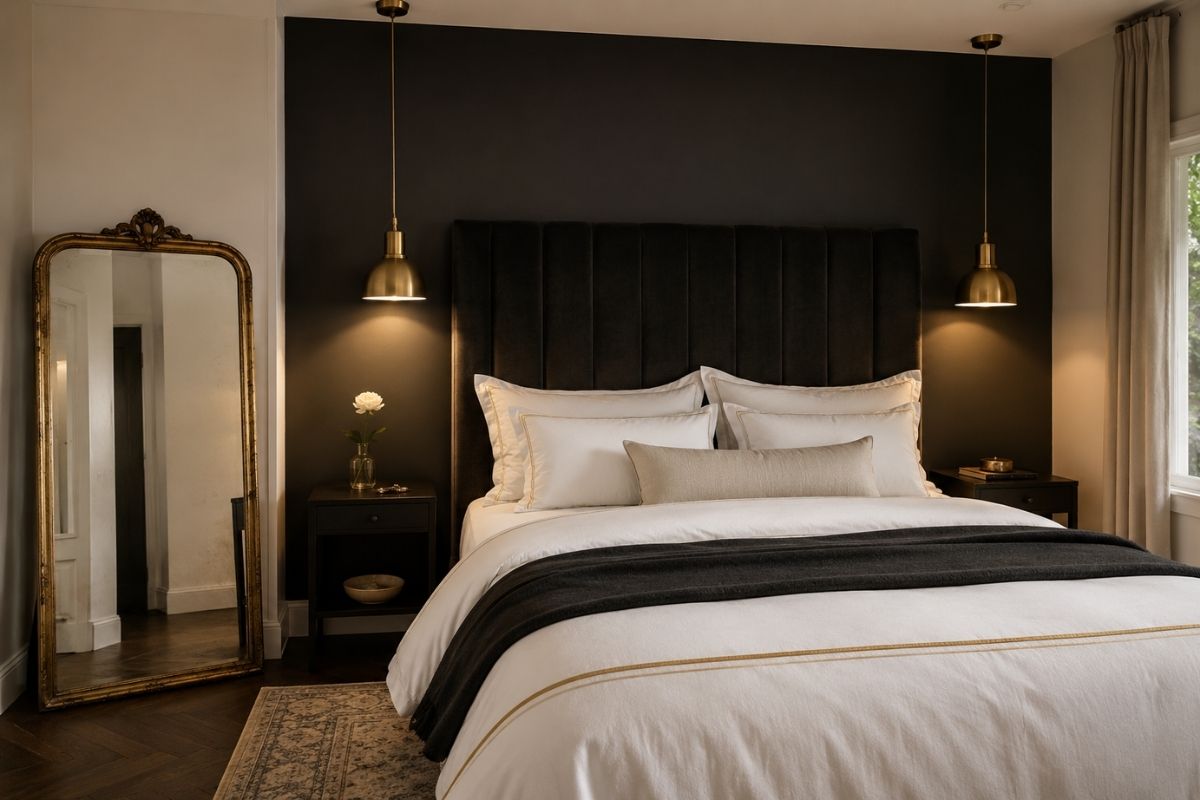 Bedroom that looks luxurious — linen duvet, layered cushions, warm bedside lamps, fresh white walls, and simple but well-chosen furniture