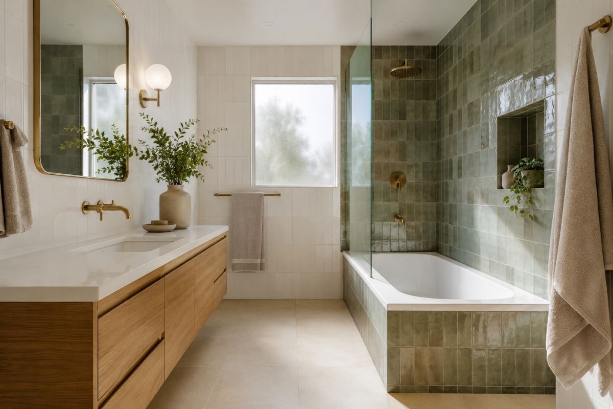 Bathroom with sage green walls, warm white tiles, and warm brass fixtures
