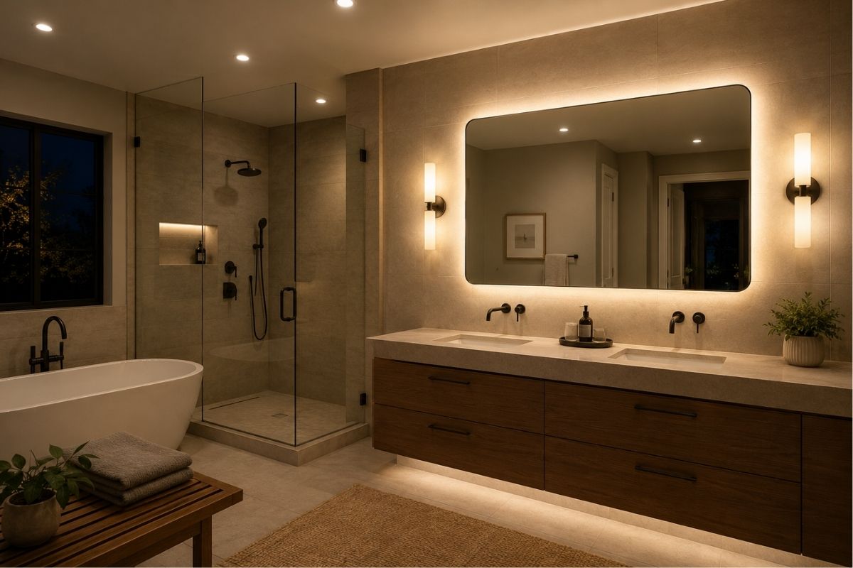 Bathroom with mirror sconces at face height, warm recessed lighting, and concealed strip under vanity