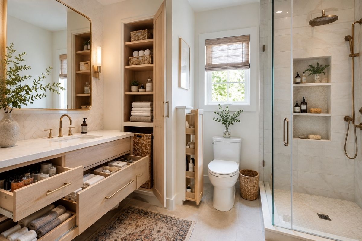 Well-organised bathroom with mirrored cabinet, recessed shower niche, and under-vanity drawers