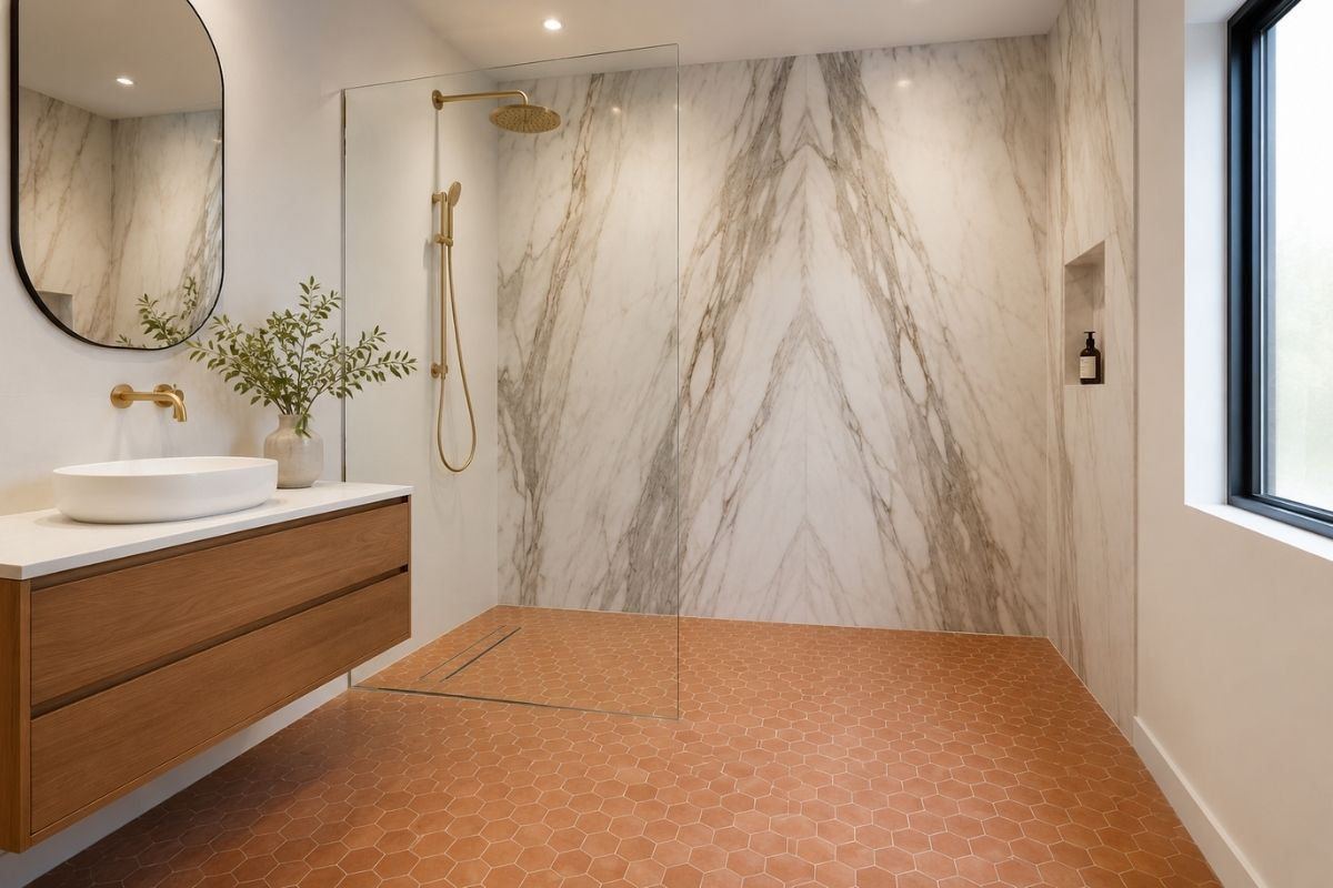 Bathroom with large format stone tiles floor to ceiling and metro tile feature wall