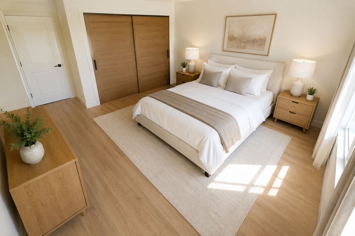 Aerial view of a bedroom with a well-proportioned furniture arrangement showing the bed centred on the feature wall with clear circulation paths