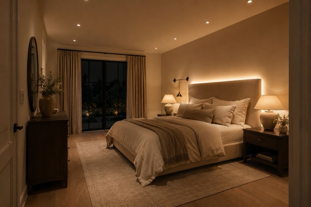 Layered bedroom lighting with warm overhead pendant, bedside table lamps, and soft accent lighting creating an intimate atmosphere