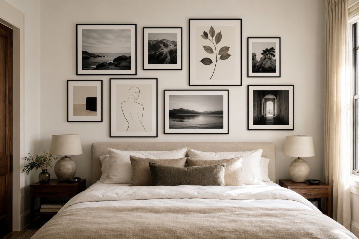 Bedroom feature wall with a carefully curated gallery wall of framed prints and a mirror above a low dresser
