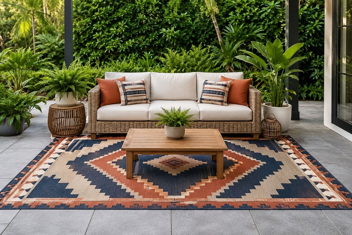 Outdoor patio with a large cream and natural-tone striped outdoor rug under teak furniture with plants around the perimeter