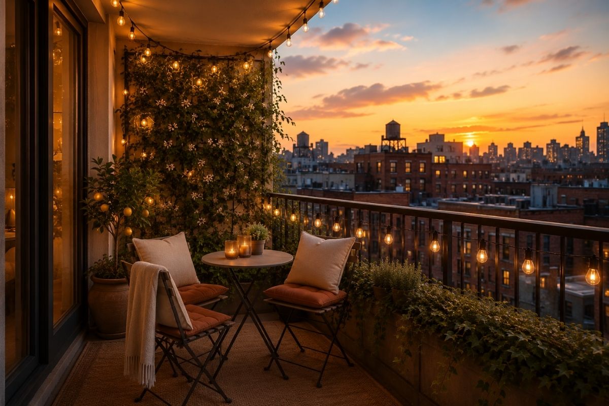 Small cozy apartment balcony with two bistro chairs, string lights overhead, several potted plants, an outdoor rug, and warm evening lighting