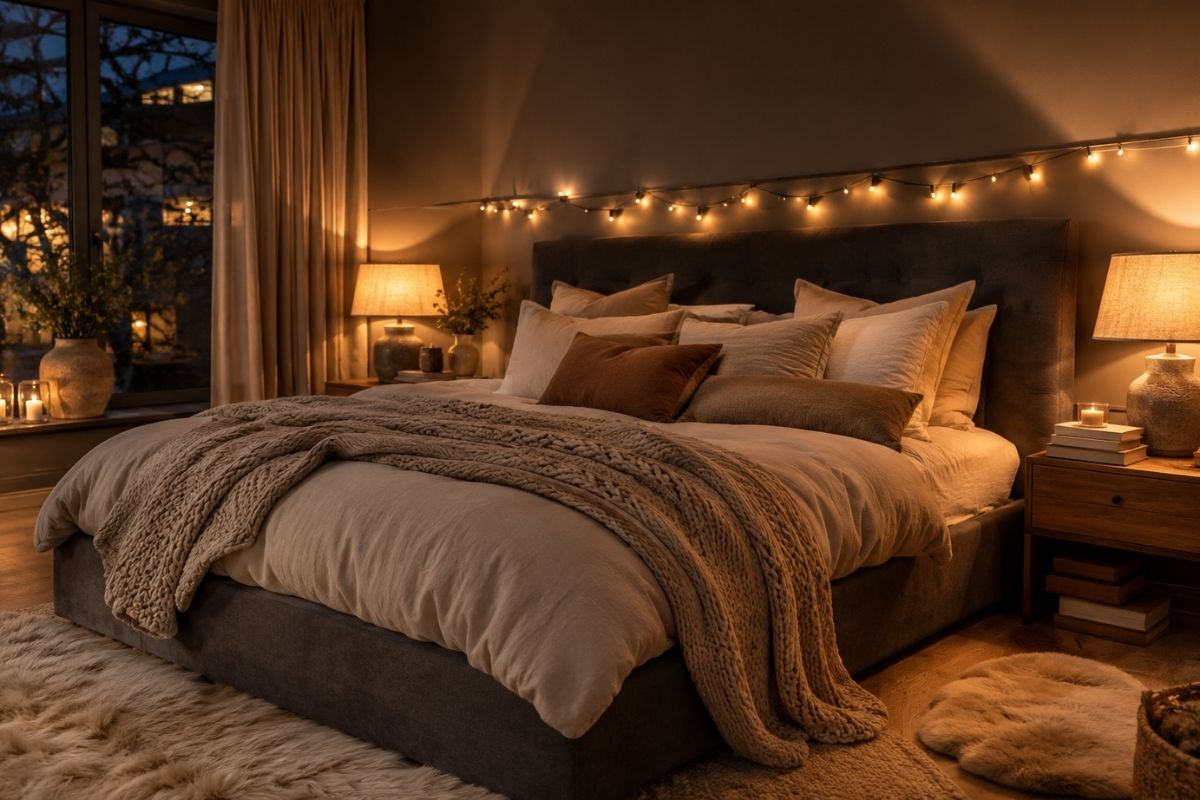 Cozy bedroom with warm amber lighting, chunky knit throw, layered cushions, and soft warm-toned walls