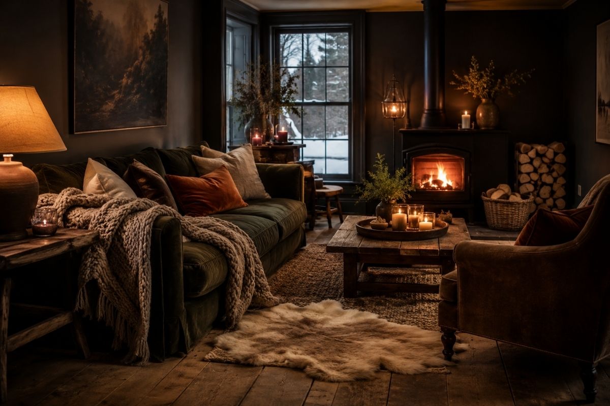 Cozy living room with chunky knit throws, warm amber lighting, and layered textiles