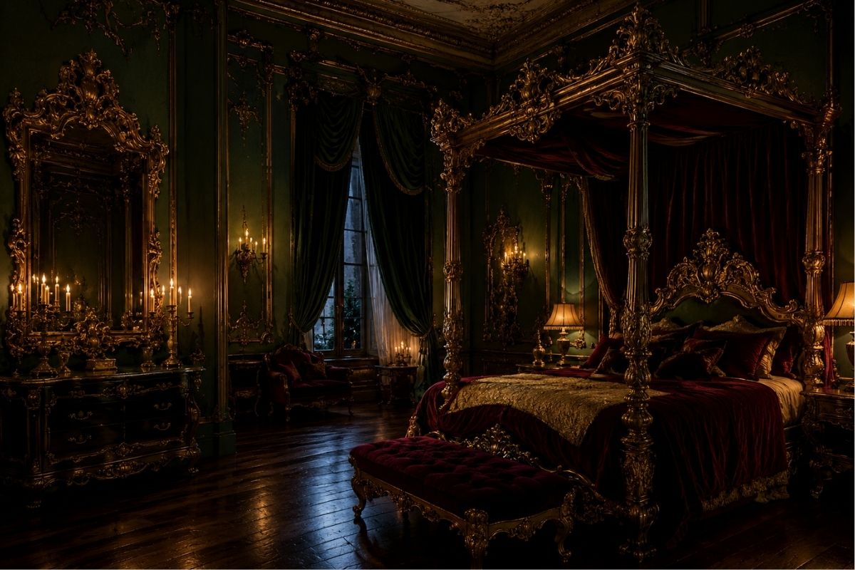 Dark Rococo aesthetic bedroom with deep forest green walls, ornate gilded mirror, ivory bedding, candlelit brass lamps, and rich velvet textiles