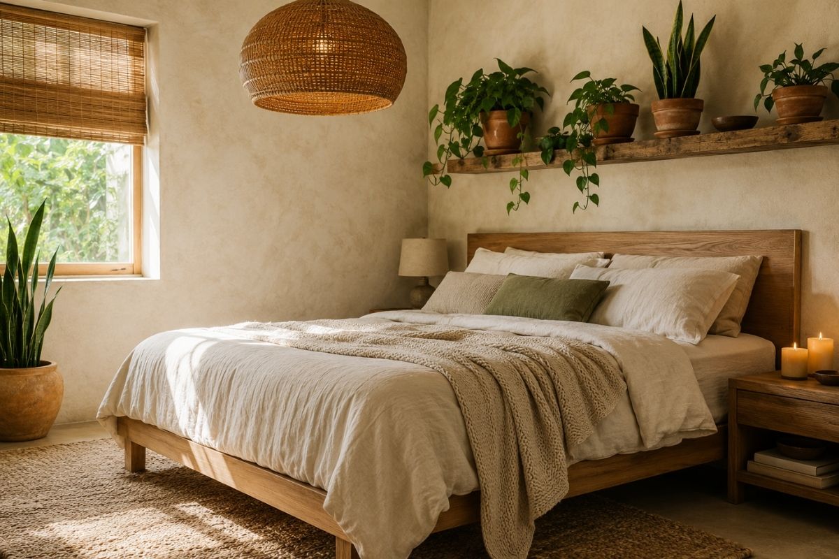Eco-friendly bedroom with natural linen bedding, solid oak furniture, jute rug, rattan pendant lamp, and plants on a warm neutral wall