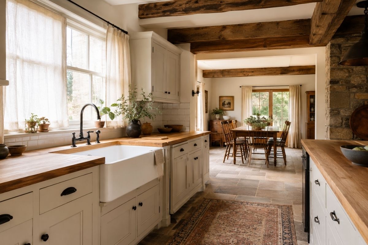 Farmhouse kitchen with cream shaker cabinets, butler sink, open shelving, and reclaimed oak countertop