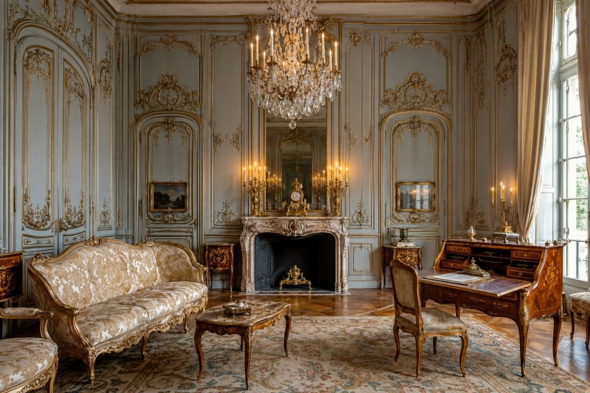 Authenticated 18th-century French commode with marquetry veneer, gilded bronze mounts, and serpentine front on a pale background