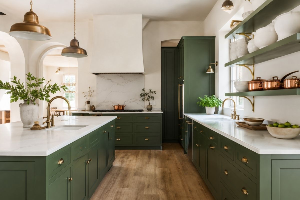 Kitchen color palette showing navy lower cabinets with white uppers and warm brass hardware