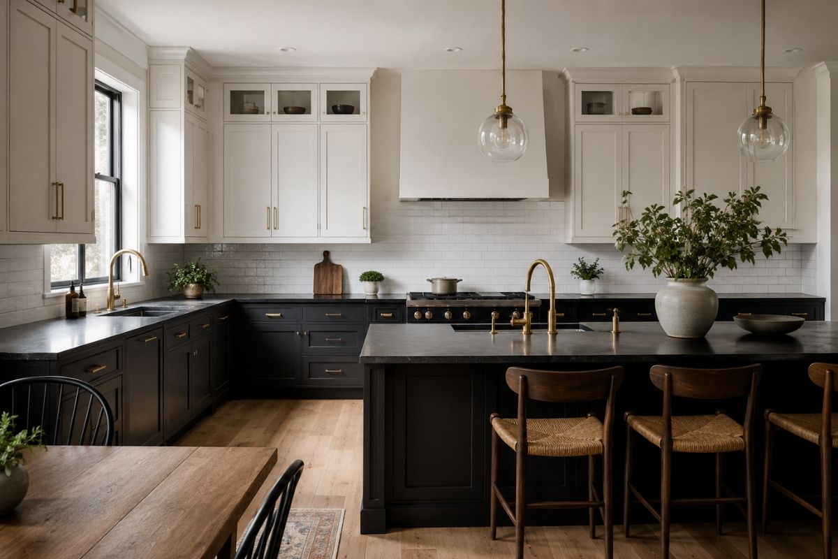 Kitchen with sage green lower cabinets, white upper cabinets, brass hardware, and warm stone worktop