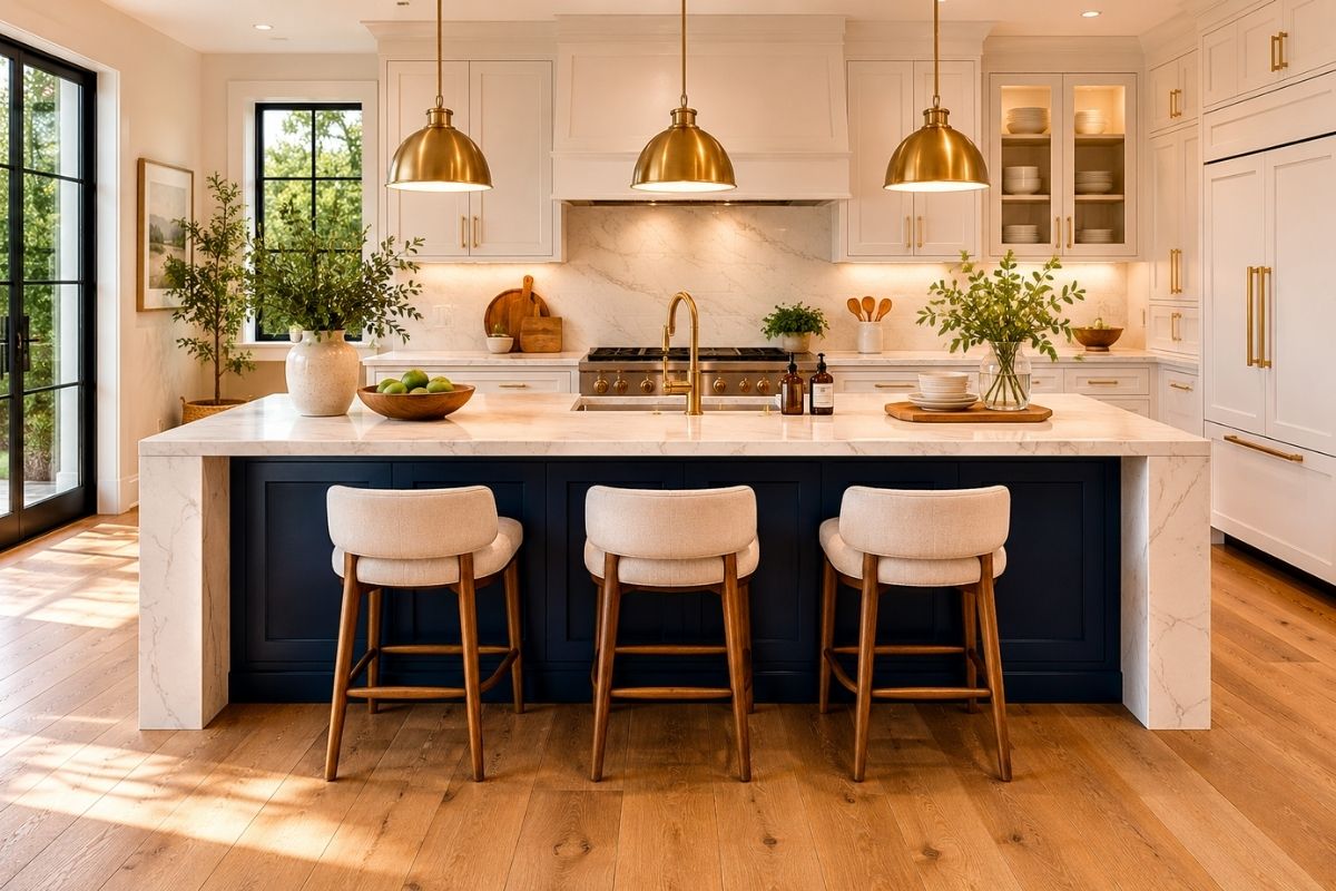 Kitchen island with seating overhang, pendant lights above, and open shelving on one side