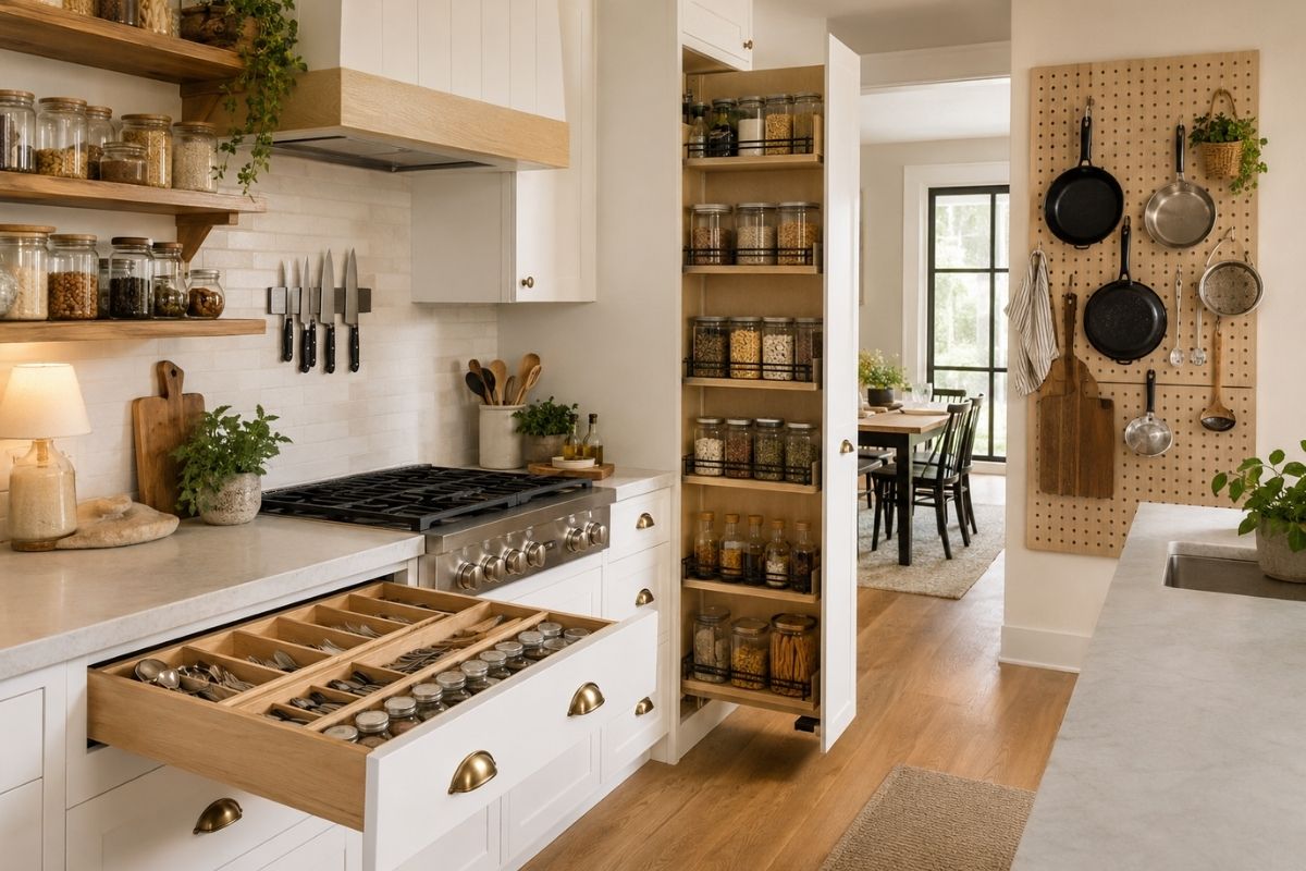 Well-organised kitchen with deep drawer storage, ceiling-height cabinets, and open shelving
