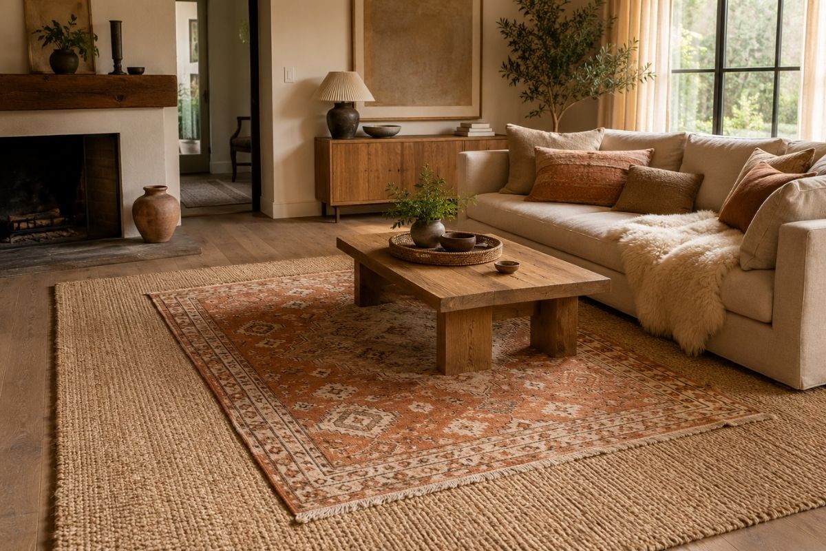 Living room with layered rugs — a large neutral jute base rug with a smaller patterned wool rug layered on top, anchoring a sofa and coffee table