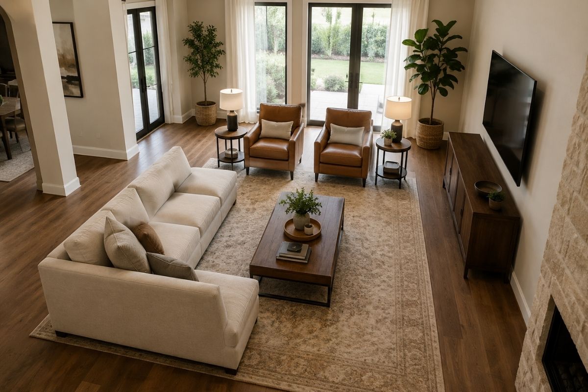 Top-down floor plan showing living room furniture arrangement with parallel sofas and focal point