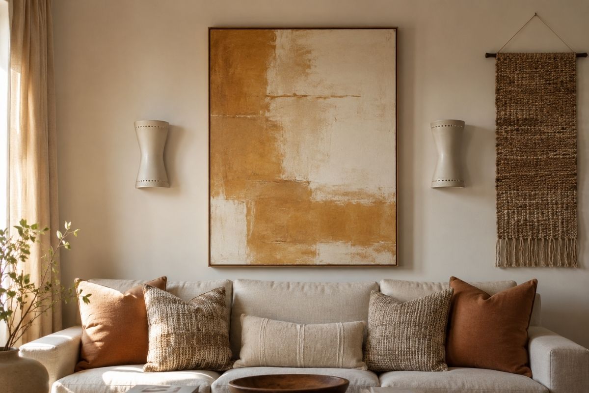 Living room with large statement artwork above sofa and curated gallery wall arrangement