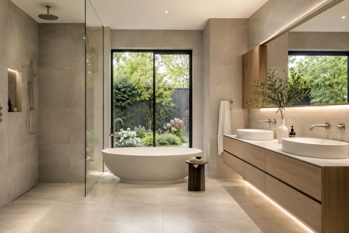 Master bathroom with double vanity, freestanding bath, and walk-in wet room area