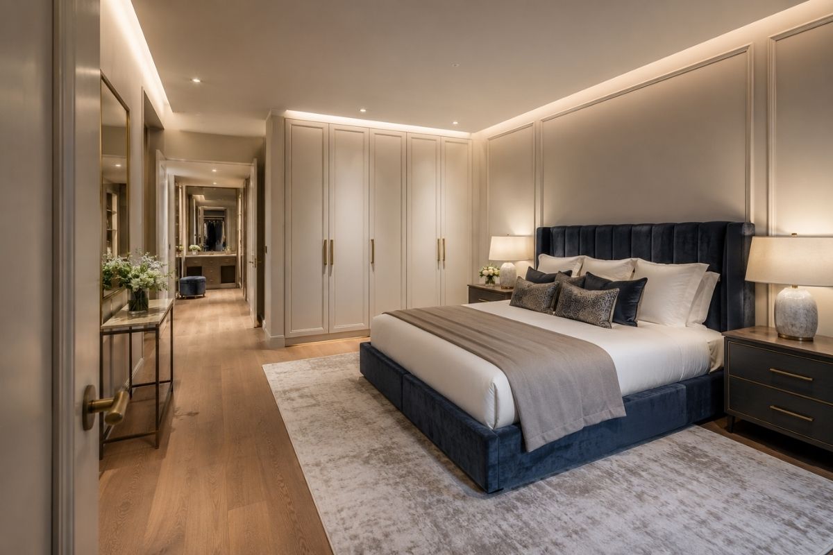Spacious master bedroom with upholstered king bed, matching bedside tables, built-in wardrobes, and layered warm lighting