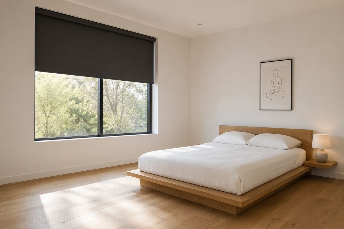 Minimalist bedroom with low platform bed, white linen bedding, warm oak floors, and a single piece of large-format wall art