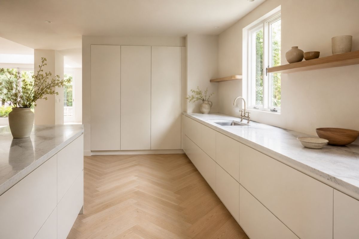 Minimalist kitchen with white handleless cabinets, bare stone countertop, single pendant lamp, one ceramic plant, and nothing else on the surfaces