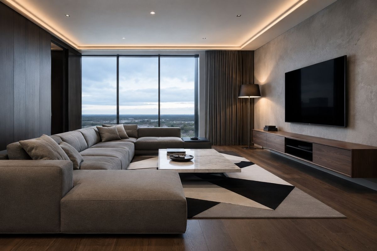 Modern living room with clean-line sofa, brass pendant light, and warm grey palette