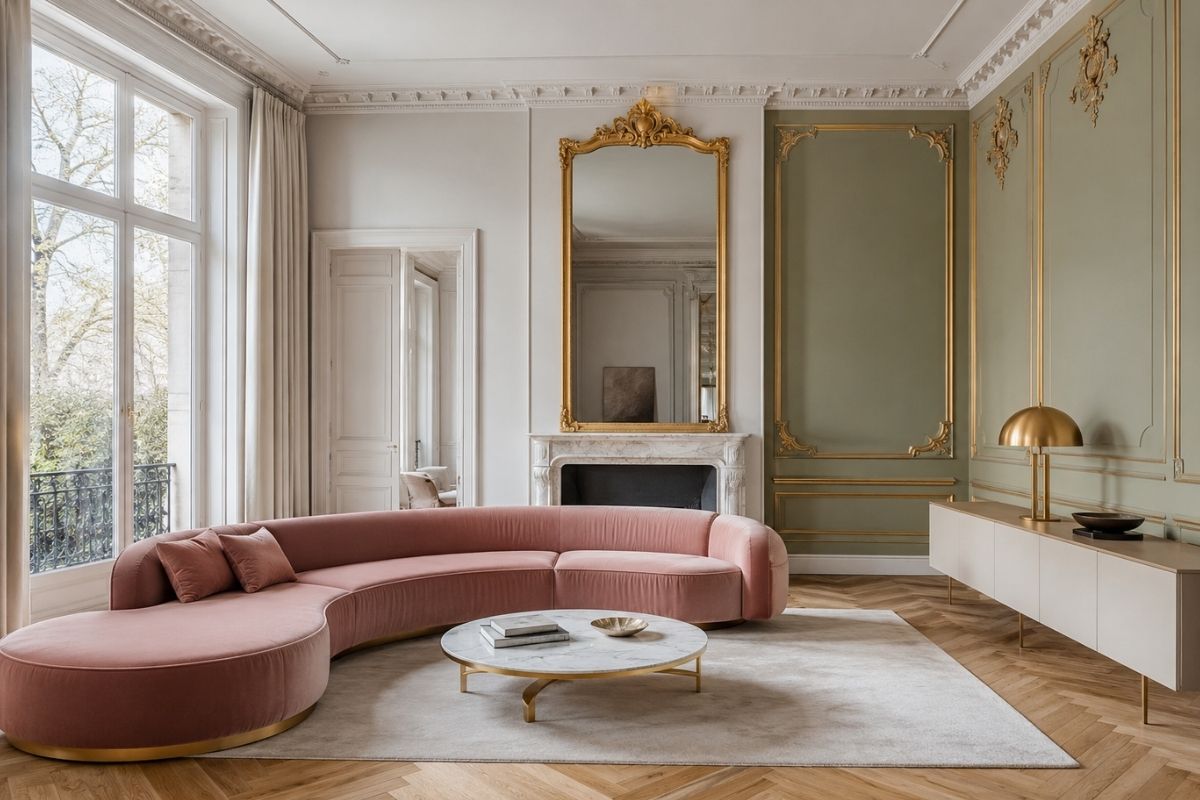Modern Rococo living room with curved sofa, ornate gilded mirror, pale walls, and muted brass accents on a warm neutral background