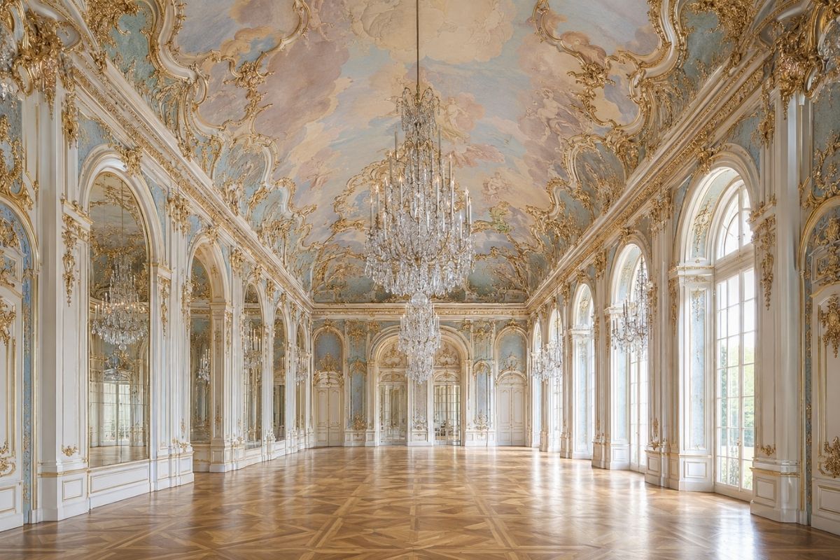 Sanssouci Palace garden facade in Potsdam, Germany — the defining example of Rococo palace architecture with its single-story curved form and large arched windows