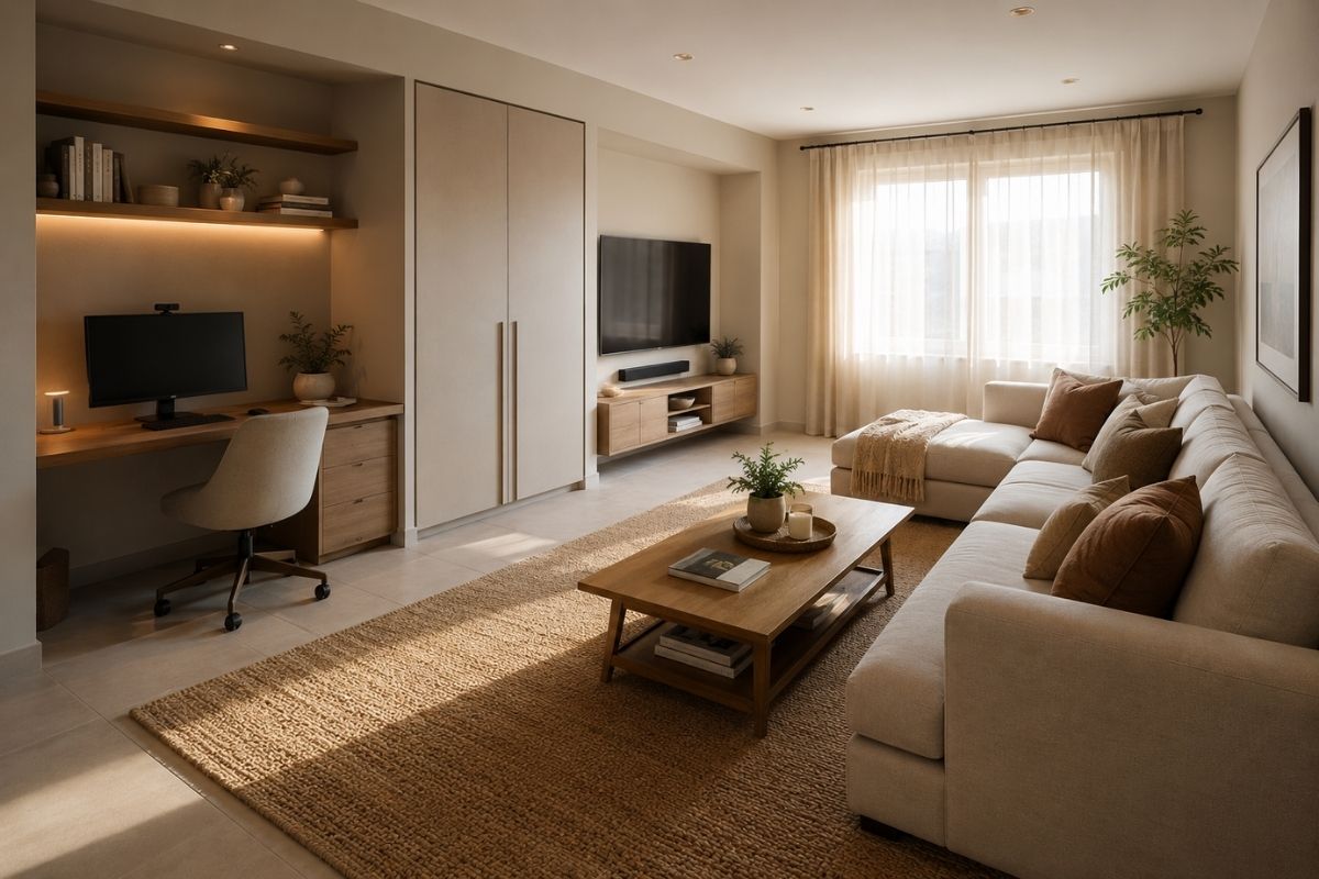 Multifunctional living room with a sofa and coffee table on one side and a built-in desk area with shelving separated by a bookshelf on the other