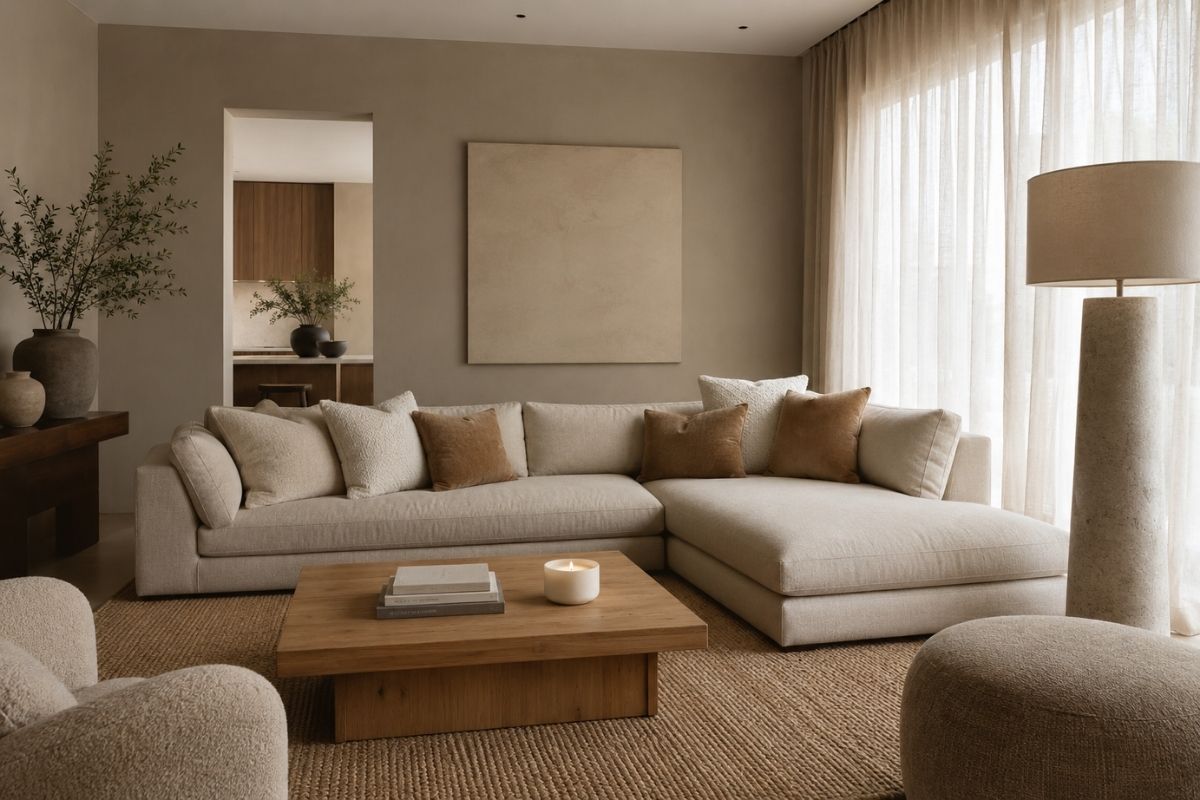 Neutral living room with warm greige walls, linen sofa, jute rug, warm wood coffee table, and layered ambient lighting