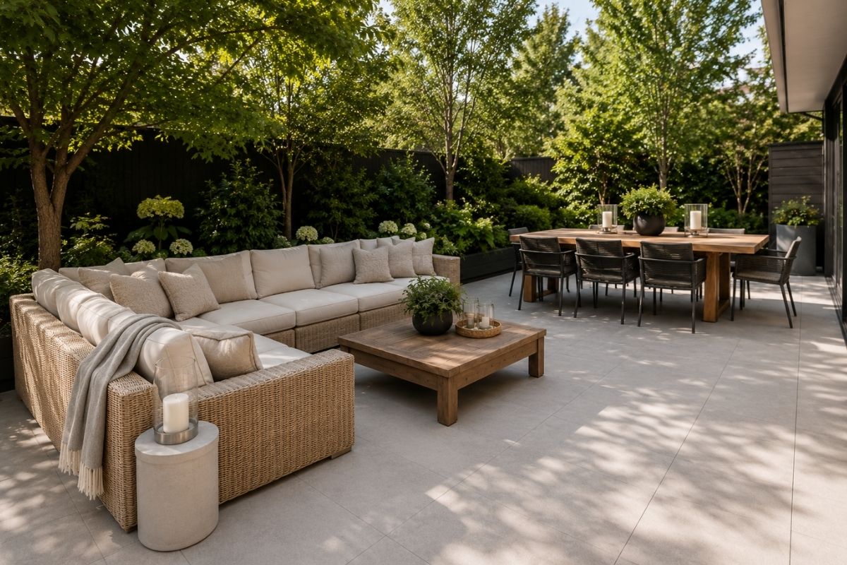 Outdoor dining set with powder-coated aluminium chairs, teak table, and grey cushions on a patio