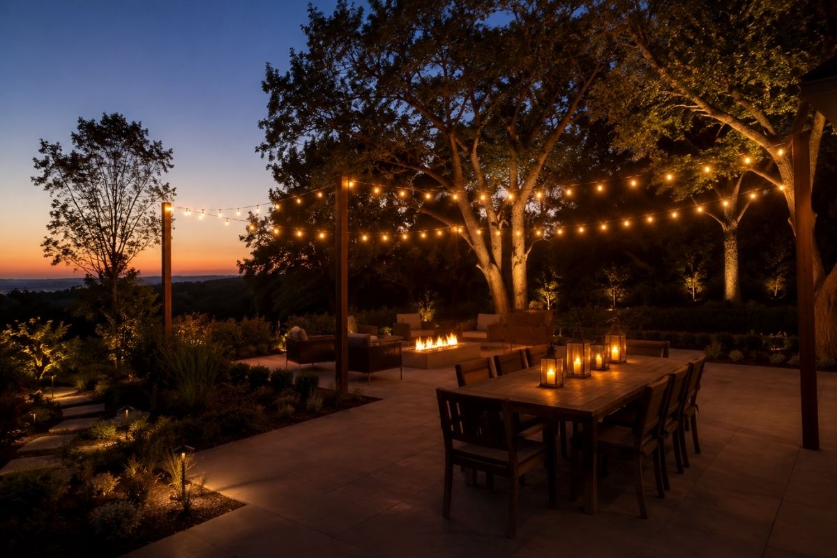 Garden patio at night with warm string lights overhead, uplighters on large plants, and warm wall lights beside the door — creating a layered outdoor lighting scheme