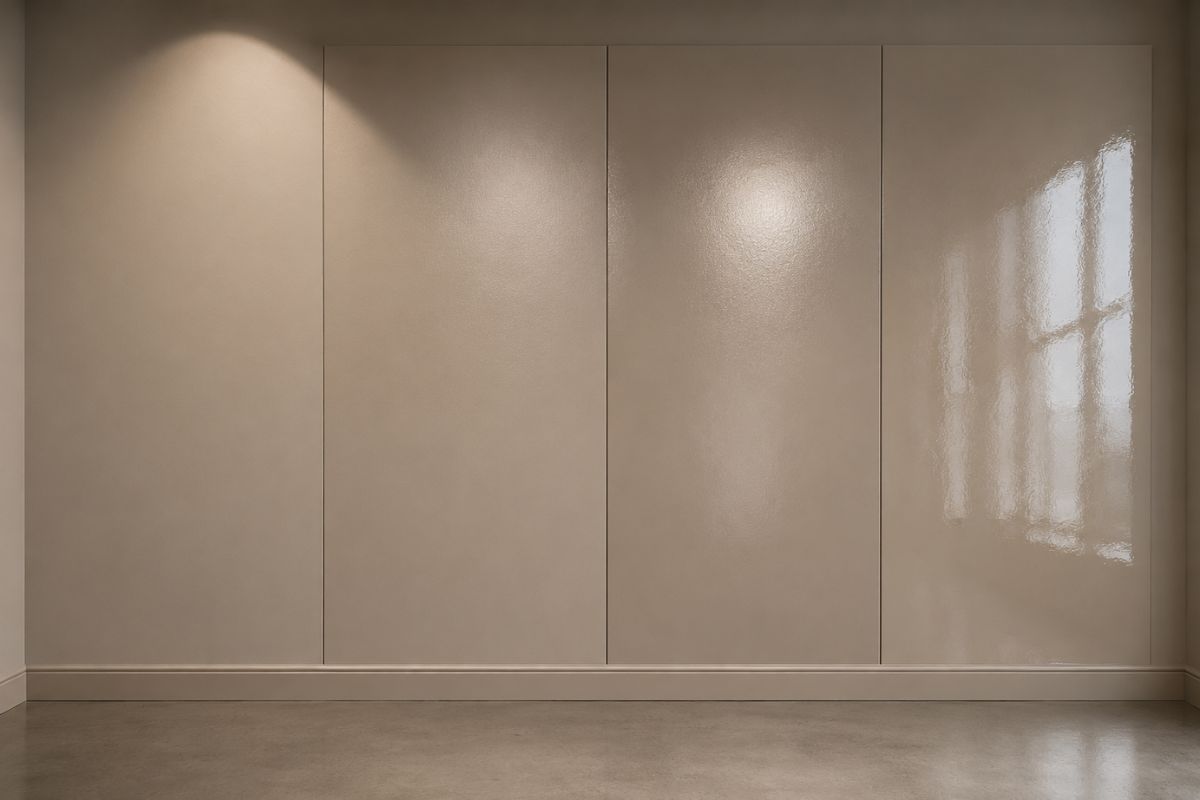 Paint finish comparison showing the same warm grey colour in dead flat, eggshell, satin, and gloss finishes on a single wall panel