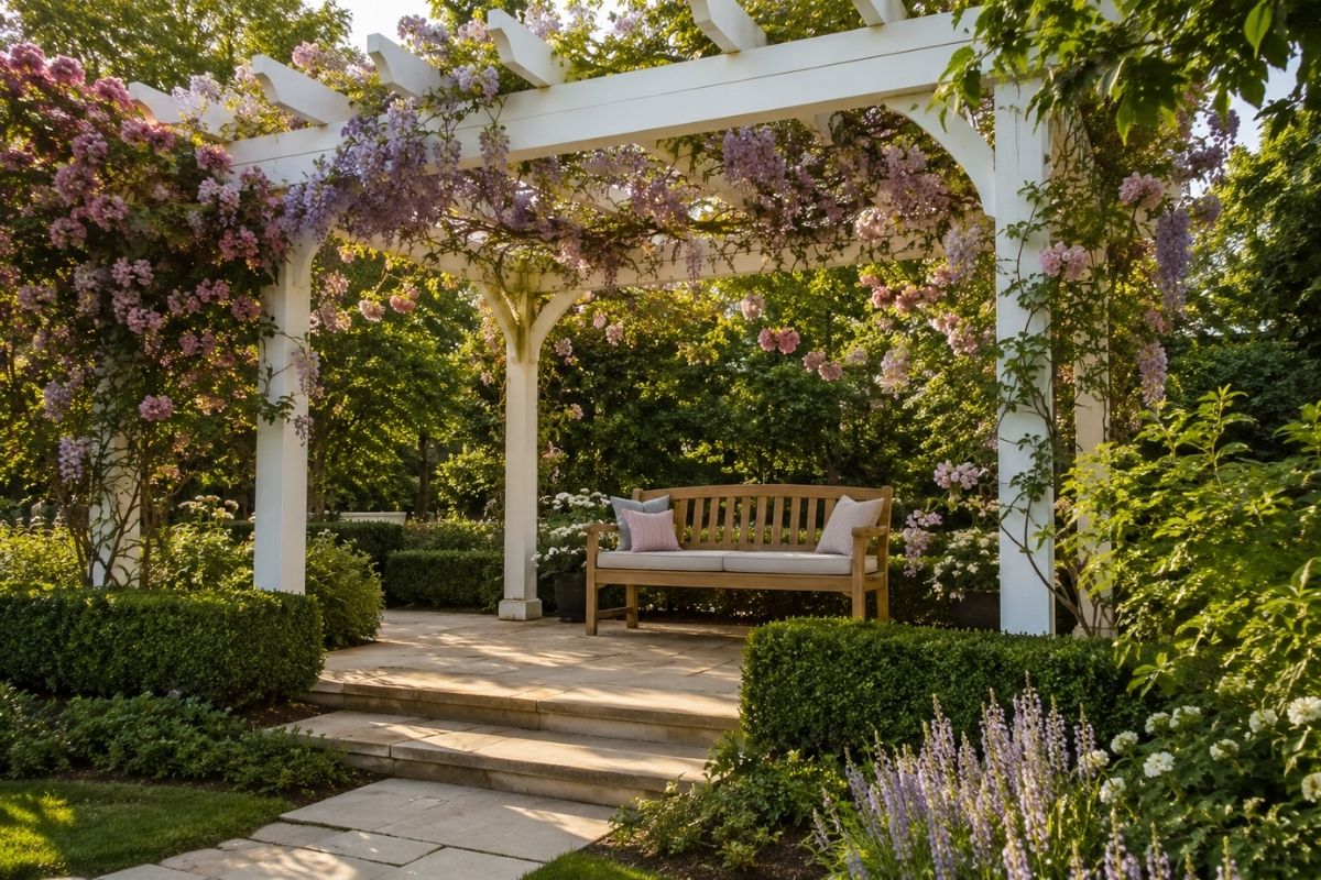 Garden pergola with timber beams, climbing roses, and outdoor dining set underneath