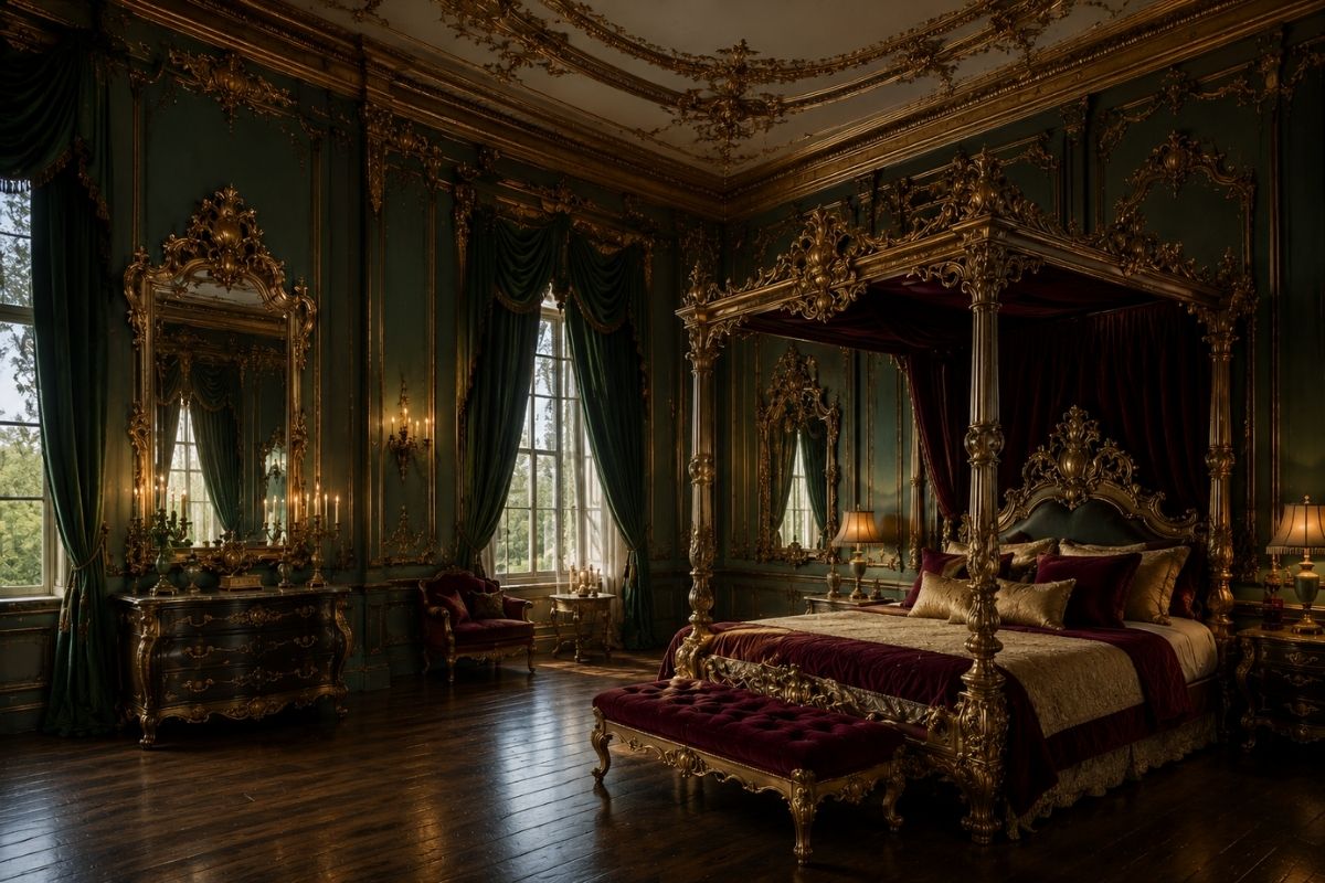 Rococo aesthetic bedroom with tufted headboard, ornate gilded mirror, pale blush walls, layered cream and gold bedding, and warm candlelit lamps