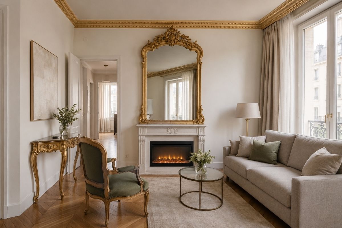 Small apartment living room with one ornate gilded mirror above a console, pale walls, and a single curved accent chair — Rococo character in compact space