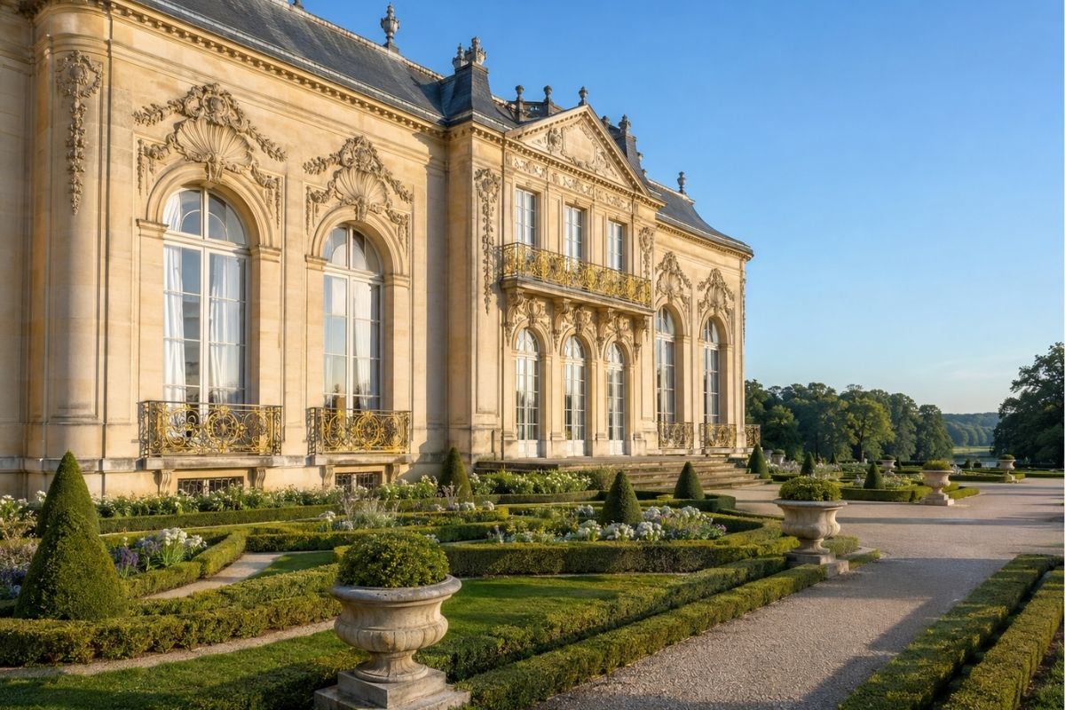 Sanssouci Palace garden facade showing characteristic Rococo curved form, large windows, and restrained asymmetrical ornament on a warm sandstone exterior