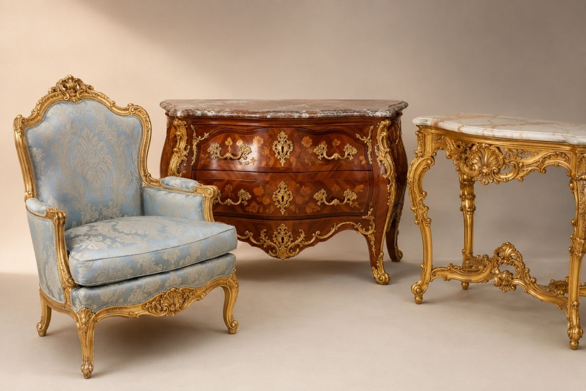 Gilded Rococo armchair with carved cabriole legs and asymmetrical shell ornament on a warm neutral background