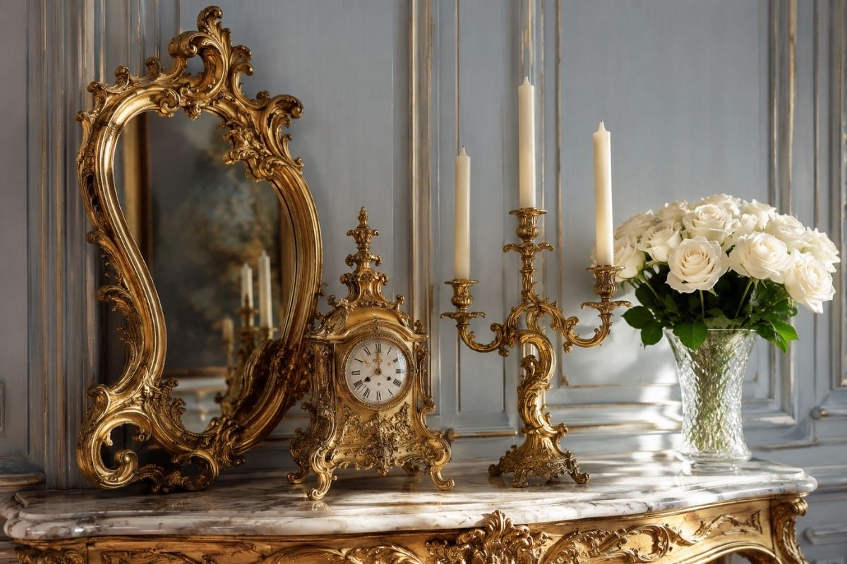 Rococo home decor styled vignette — ornate gilded mirror, cream ceramic vase, candelabra, and layered textiles on a pale marble console table