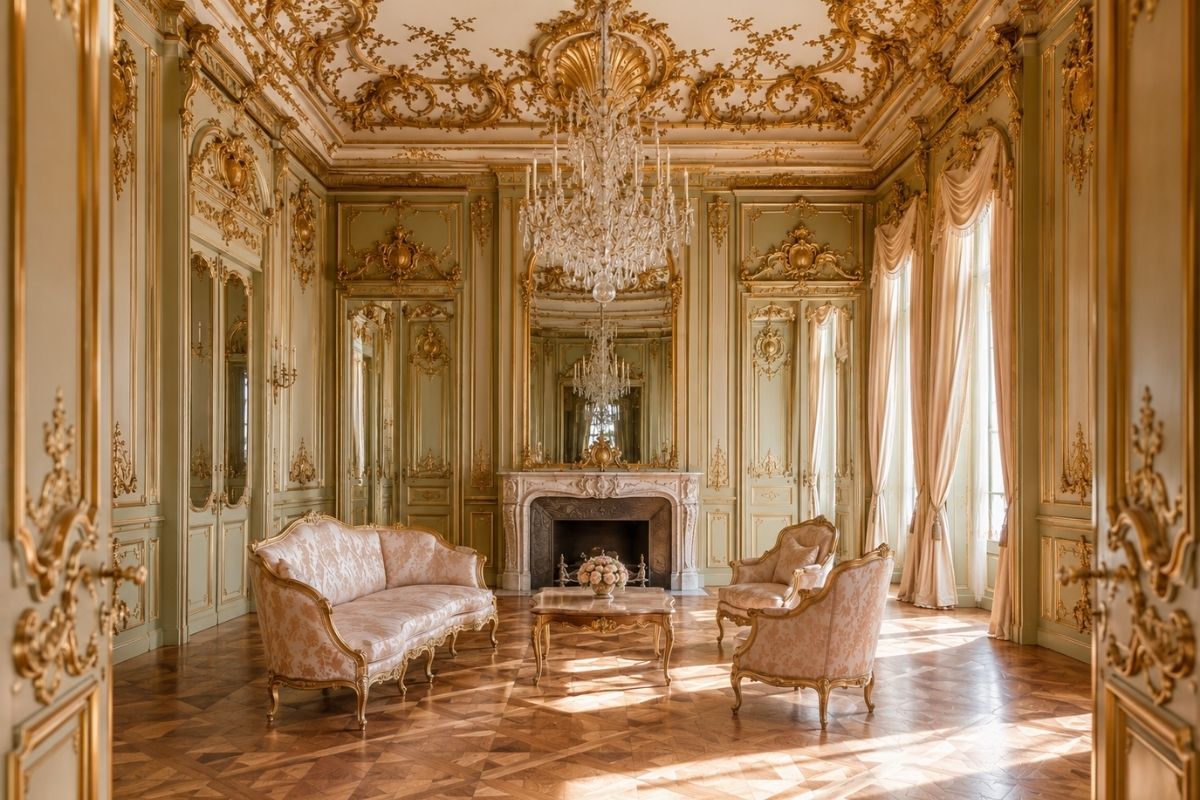 Rococo-inspired interior with curved plasterwork ceiling, ornate framed mirror, curved furniture, and soft layered palette in warm whites and gold