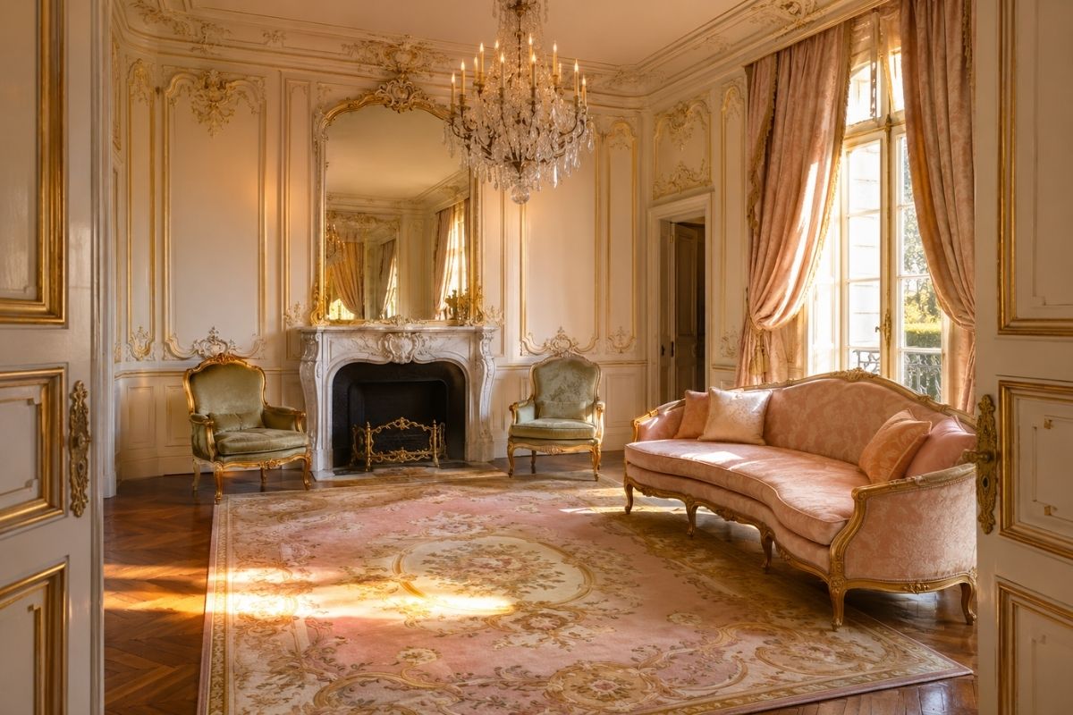 Rococo-inspired living room with curved cream sofa, large ornate gilded mirror above marble fireplace, pale sage walls, warm layered textiles, and muted brass accents