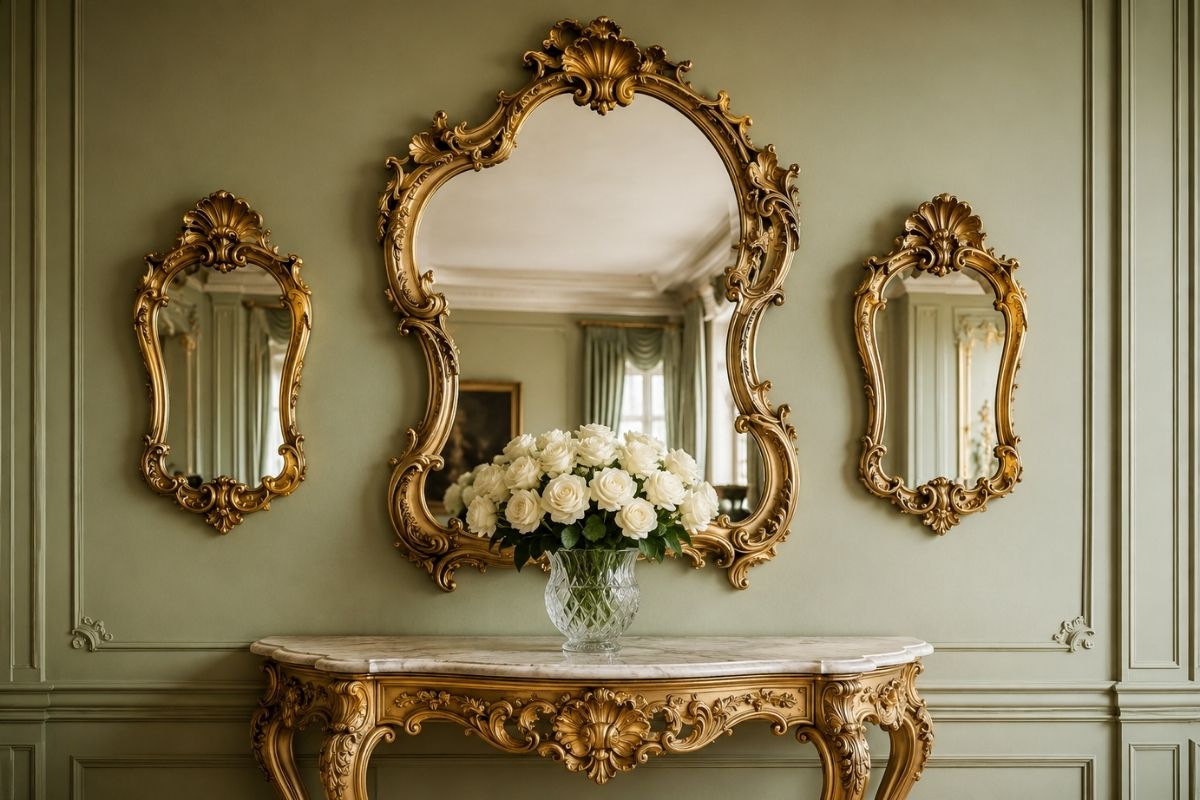 Large ornate gilded mirror in carved wood frame above a marble console in a pale-walled entry hall, reflecting warm candlelight from the room