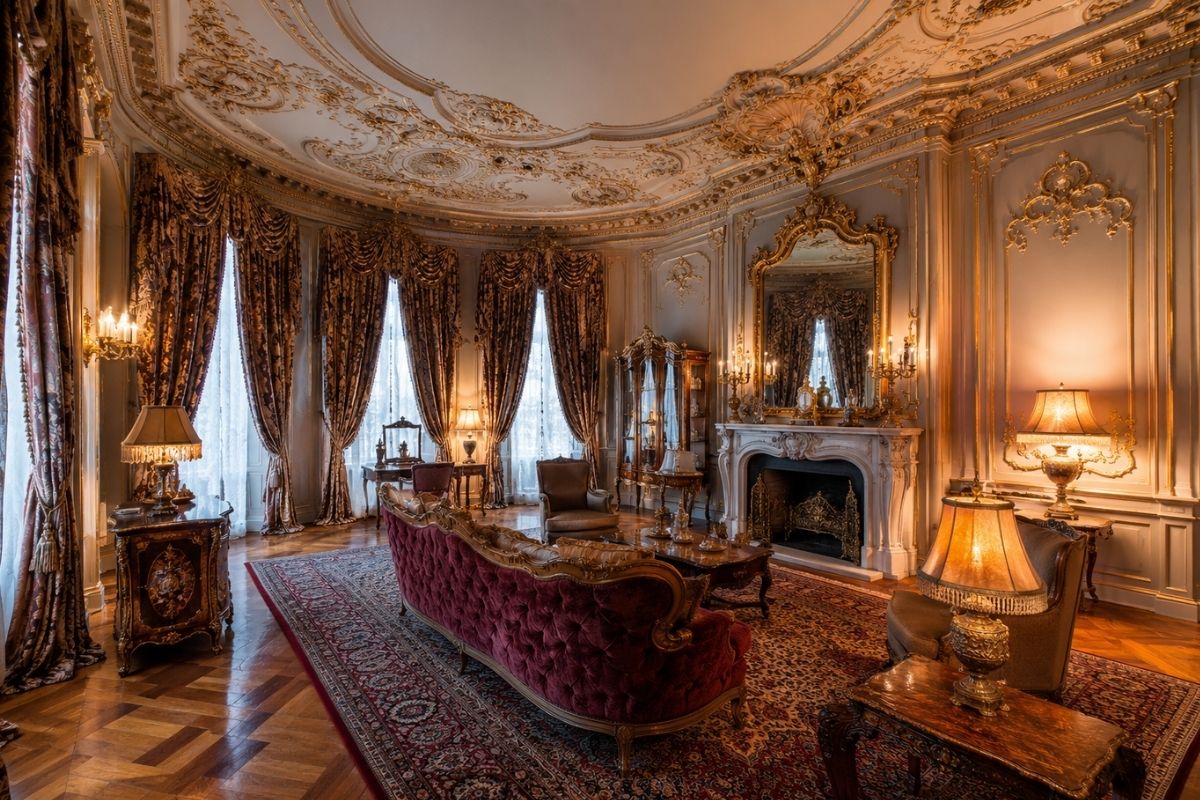 Rococo Revival interior with heavily gilded ornate ceiling plasterwork, carved mirror frames, and rich Victorian textile palette — more elaborate than original 18th-century Rococo