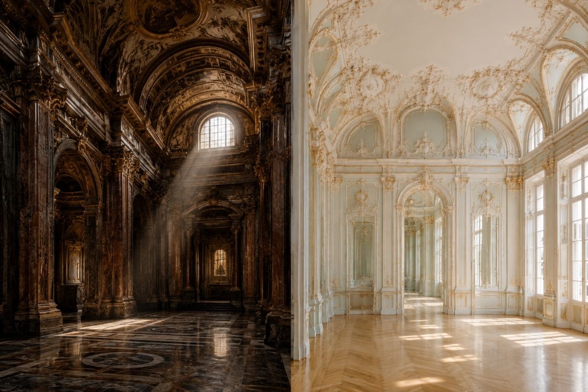 Split comparison showing Baroque heavy symmetrical stonework on the left and lighter Rococo asymmetrical plasterwork interior on the right