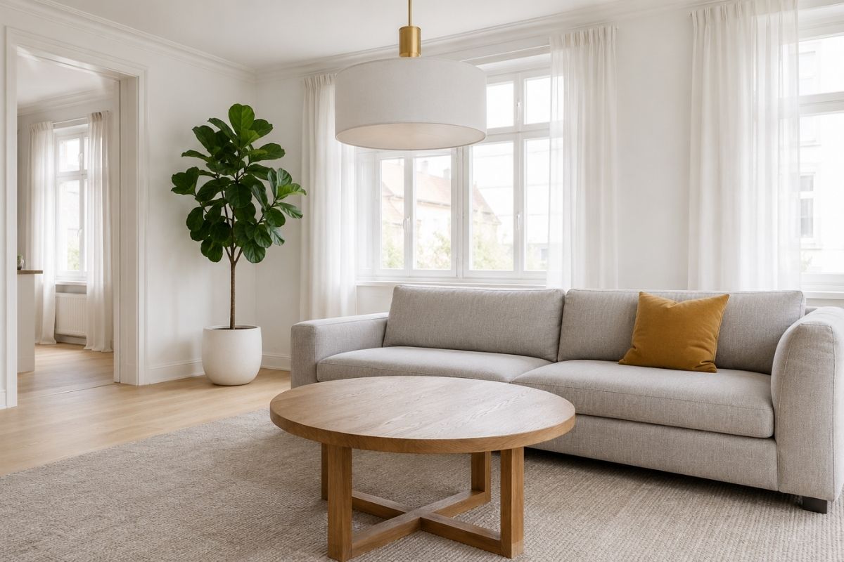Scandinavian living room with blonde oak furniture, white walls, sheepskin throw, and pendant lamp