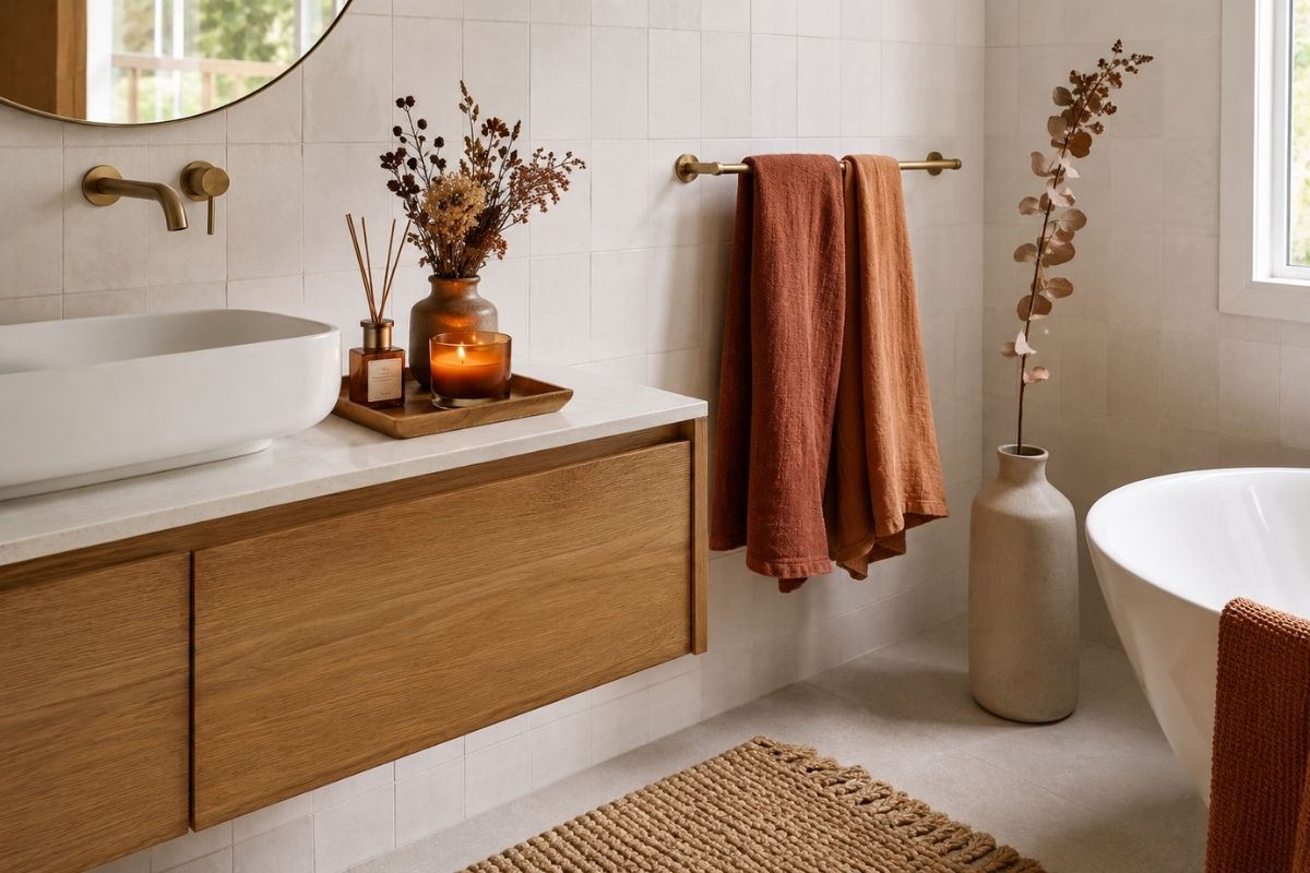 Bathroom vignette showing seasonal decor — warm towels, a ceramic soap dish, a small plant, and a candle arranged on a marble vanity