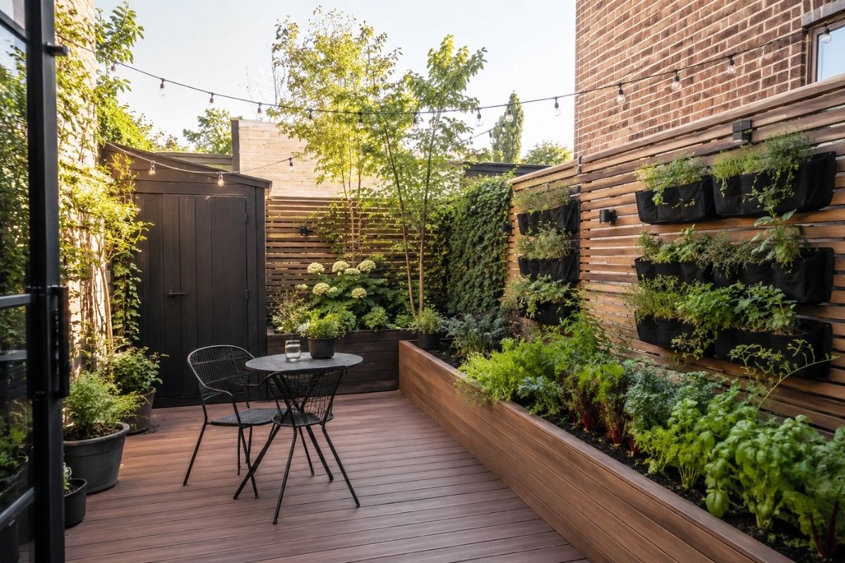 Small backyard with dining zone, compact bistro table, raised planters, and vertical greenery wall